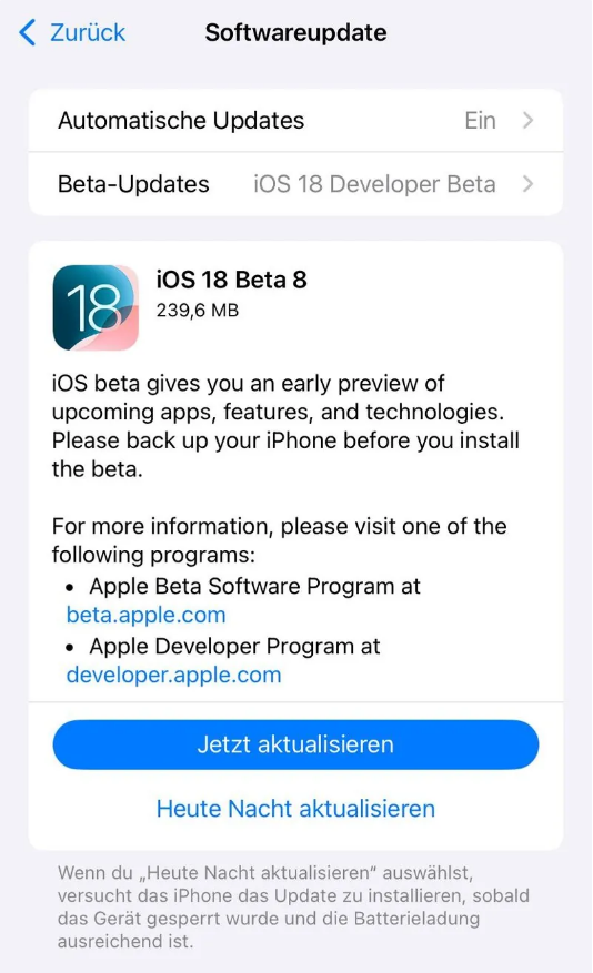 江城苹果手机维修分享苹果 iOS / iPadOS 18 开发者预览版 Beta 8 发布 